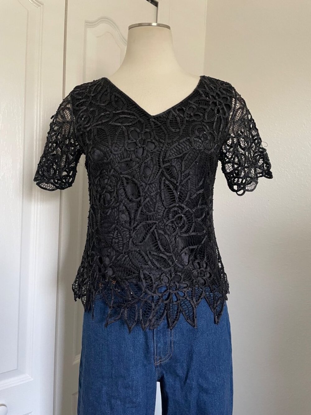 Vintage Silken Poetry Black Hand-Crocheted Beaded Floral Lace Top V-Neck Small